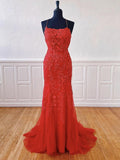 Long Mermaid Halter Tulle Lace Open Back Formal Graduation Prom Dresses