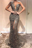 Long Mermaid One Shoulder Lace Prom Dress with Slit