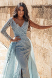 Long Mermaid V-neck Tulle Front Slit Prom Dress with Sleeves
