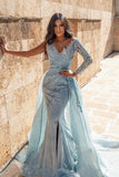 Long Mermaid V-neck Tulle Front Slit Prom Dress with Sleeves