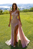 Pink Long Mermaid One Shoulder Sequins Prom Dress with Slit