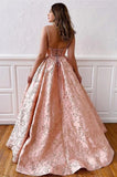 Vintage Long A-line V-neck Spaghetti Straps Satin Backless Prom Dress